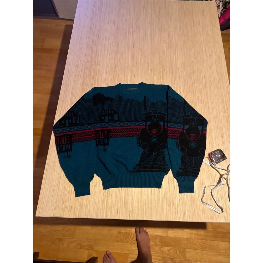Vintage Weeds Elmville Station Train Graphic Sweater Teal Blue Mens Large 44